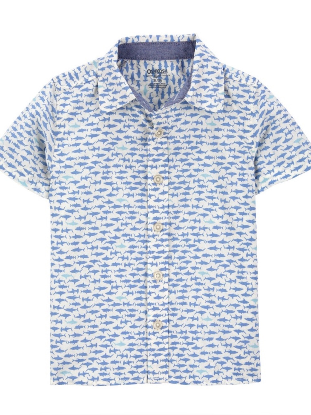 OshKosh B'gosh|White and Blue DitsyShark-Print Button-Down Shirt with collar•NWT
